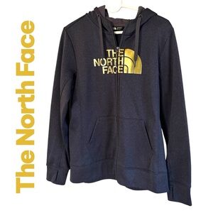The North Face women’s Large hooded zip up jacket. Dark gray/Gold. Like new! EUC